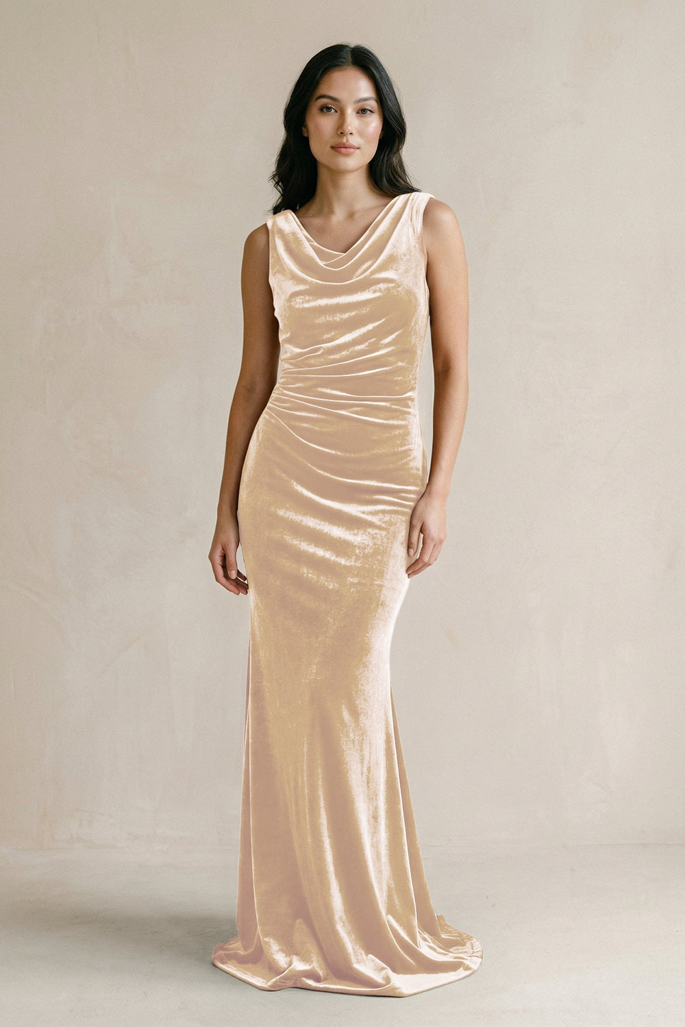 Cowl Neck Mermaid Velvet Bridesmaid Dress in Champagne - KISS BRIDAL Bridesmaid Dresses