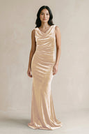 Cowl Neck Mermaid Velvet Bridesmaid Dress in Champagne - KISS BRIDAL Bridesmaid Dresses
