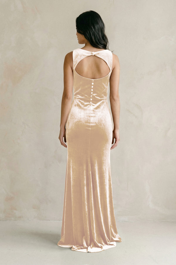 Cowl Neck Mermaid Velvet Bridesmaid Dress in Champagne - KISS BRIDAL Bridesmaid Dresses