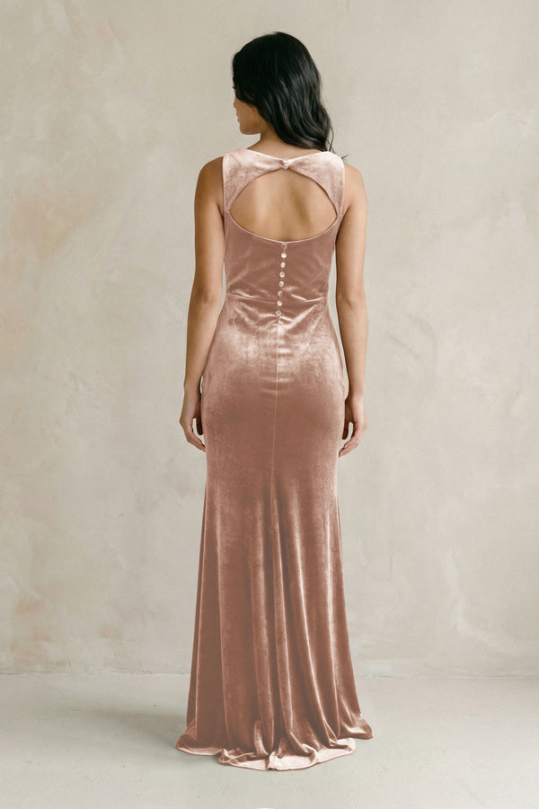 Cowl Neck Mermaid Velvet Bridesmaid Dress in Champagne Rose - KISS BRIDAL Bridesmaid Dresses