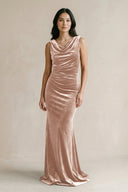 Cowl Neck Mermaid Velvet Bridesmaid Dress in Champagne Rose - KISS BRIDAL Bridesmaid Dresses