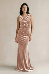 Cowl Neck Mermaid Velvet Bridesmaid Dress in Champagne Rose - KISS BRIDAL Bridesmaid Dresses