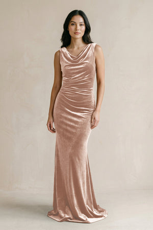 Cowl Neck Mermaid Velvet Bridesmaid Dress in Champagne Rose - KISS BRIDAL Bridesmaid Dresses