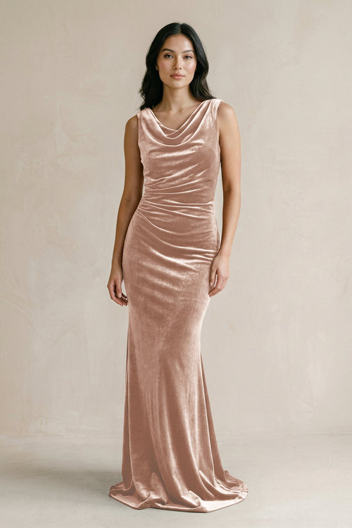 Cowl Neck Mermaid Velvet Bridesmaid Dress in Champagne Rose - KISS BRIDAL Bridesmaid Dresses