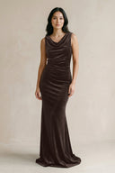 Cowl Neck Mermaid Velvet Bridesmaid Dress in Chocolate - KISS BRIDAL Bridesmaid Dresses