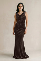 Cowl Neck Mermaid Velvet Bridesmaid Dress in Chocolate - KISS BRIDAL Bridesmaid Dresses