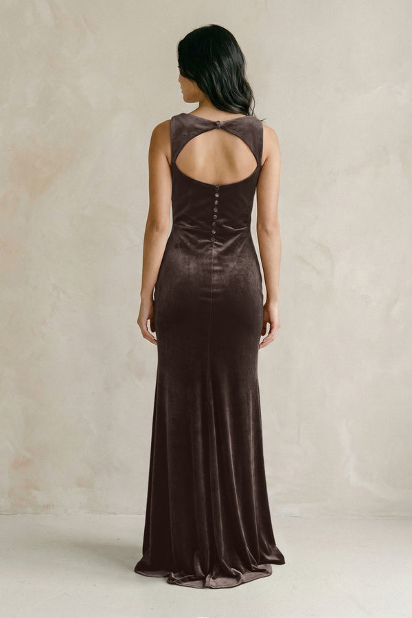 Cowl Neck Mermaid Velvet Bridesmaid Dress in Chocolate - KISS BRIDAL Bridesmaid Dresses