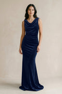 Cowl Neck Mermaid Velvet Bridesmaid Dress in Dark Navy - KISS BRIDAL Bridesmaid Dresses