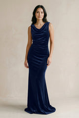 Cowl Neck Mermaid Velvet Bridesmaid Dress in Dark Navy - KISS BRIDAL Bridesmaid Dresses