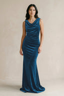 Cowl Neck Mermaid Velvet Bridesmaid Dress in Dark Teal - KISS BRIDAL Bridesmaid Dresses