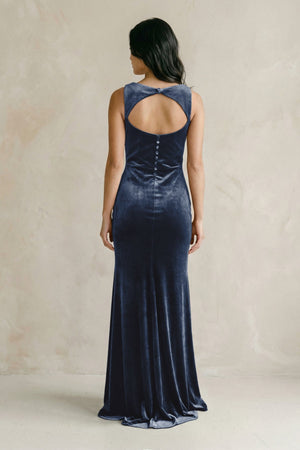 Cowl Neck Mermaid Velvet Bridesmaid Dress in Dusk Blue - KISS BRIDAL Bridesmaid Dresses