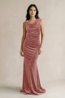 Cowl Neck Mermaid Velvet Bridesmaid Dress in Dusty Rose - KISS BRIDAL Bridesmaid Dresses