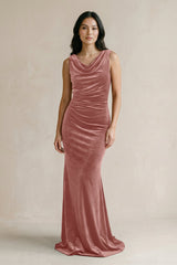 Cowl Neck Mermaid Velvet Bridesmaid Dress in Dusty Rose - KISS BRIDAL Bridesmaid Dresses