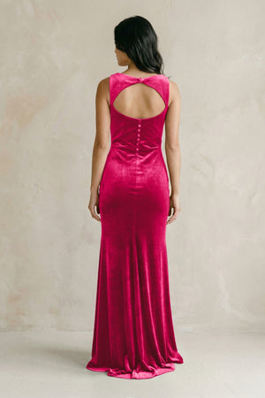 Cowl Neck Mermaid Velvet Bridesmaid Dress in Fuchsia - KISS BRIDAL Bridesmaid Dresses