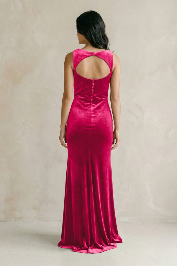 Cowl Neck Mermaid Velvet Bridesmaid Dress in Fuchsia - KISS BRIDAL Bridesmaid Dresses