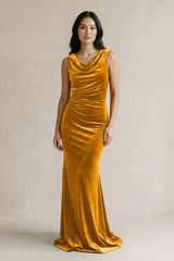 Cowl Neck Mermaid Velvet Bridesmaid Dress in Gold - KISS BRIDAL Bridesmaid Dresses