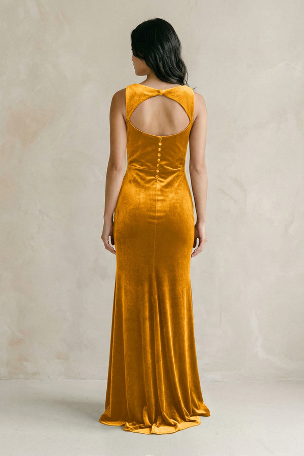 Cowl Neck Mermaid Velvet Bridesmaid Dress in Gold - KISS BRIDAL Bridesmaid Dresses