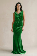 Cowl Neck Mermaid Velvet Bridesmaid Dress in Green - KISS BRIDAL Bridesmaid Dresses
