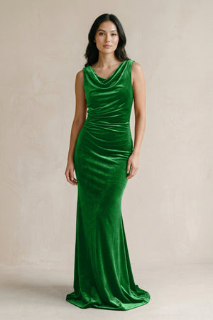 Cowl Neck Mermaid Velvet Bridesmaid Dress in Green - KISS BRIDAL Bridesmaid Dresses