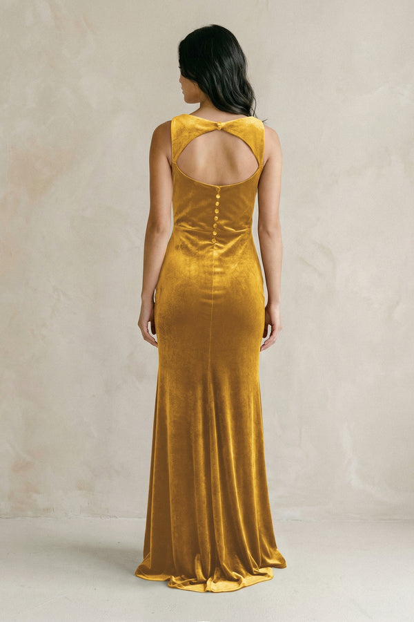 Cowl Neck Mermaid Velvet Bridesmaid Dress in Marigold - KISS BRIDAL Bridesmaid Dresses