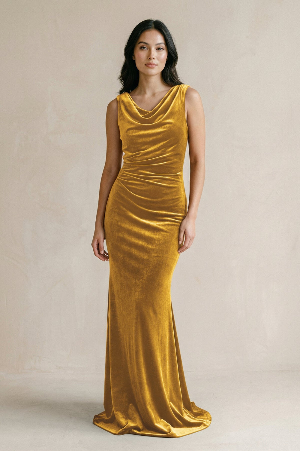 Cowl Neck Mermaid Velvet Bridesmaid Dress in Marigold - KISS BRIDAL Bridesmaid Dresses