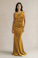 Cowl Neck Mermaid Velvet Bridesmaid Dress in Marigold - KISS BRIDAL Bridesmaid Dresses
