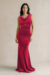 Cowl Neck Mermaid Velvet Bridesmaid Dress in Merlot - KISS BRIDAL Bridesmaid Dresses