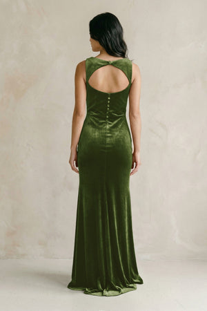 Cowl Neck Mermaid Velvet Bridesmaid Dress in Olive - KISS BRIDAL Bridesmaid Dresses