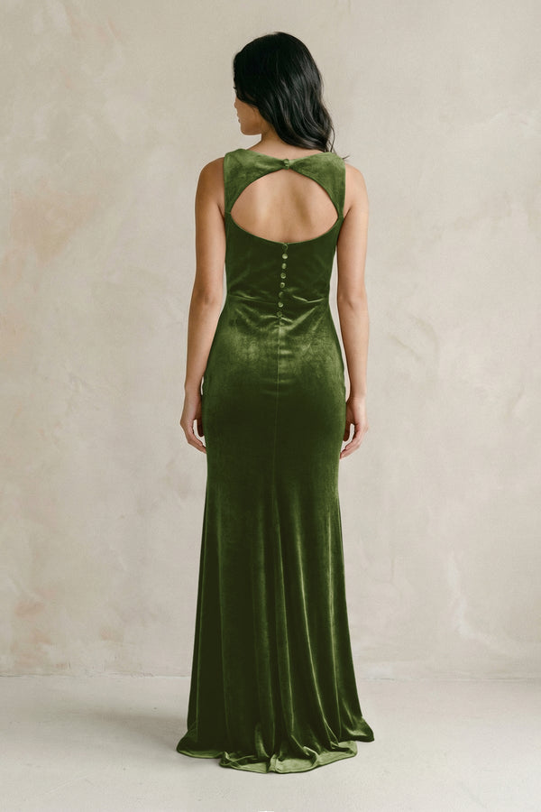 Cowl Neck Mermaid Velvet Bridesmaid Dress in Olive - KISS BRIDAL Bridesmaid Dresses