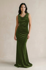 Cowl Neck Mermaid Velvet Bridesmaid Dress in Olive - KISS BRIDAL Bridesmaid Dresses