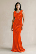 Cowl Neck Mermaid Velvet Bridesmaid Dress in Orange - KISS BRIDAL Bridesmaid Dresses