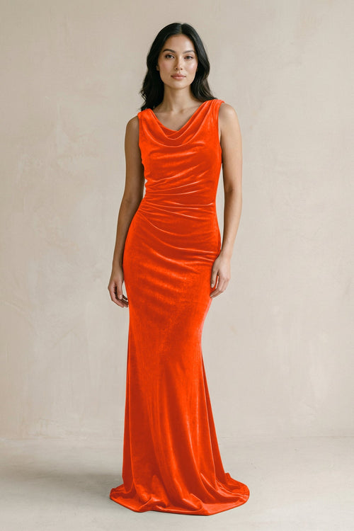 Cowl Neck Mermaid Velvet Bridesmaid Dress in Orange - KISS BRIDAL Bridesmaid Dresses