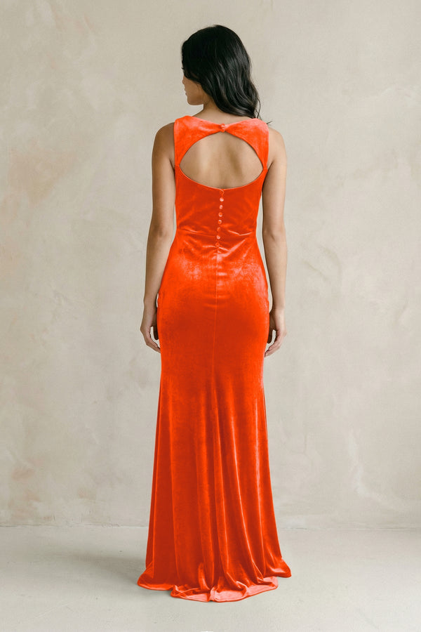 Cowl Neck Mermaid Velvet Bridesmaid Dress in Orange - KISS BRIDAL Bridesmaid Dresses