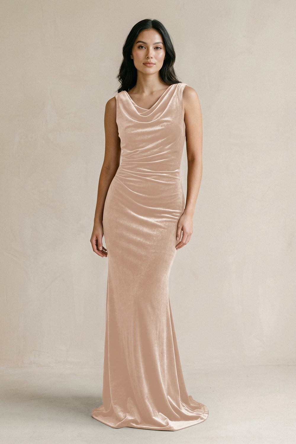 Cowl Neck Mermaid Velvet Bridesmaid Dress in Pale Blush - KISS BRIDAL Bridesmaid Dresses