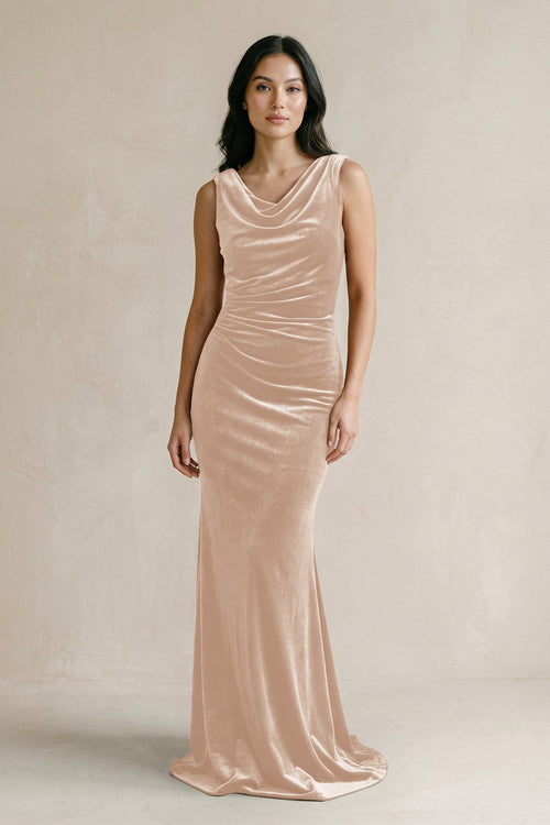 Cowl Neck Mermaid Velvet Bridesmaid Dress in Pale Blush - KISS BRIDAL Bridesmaid Dresses