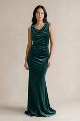 Cowl Neck Mermaid Velvet Bridesmaid Dress in Pine - KISS BRIDAL Bridesmaid Dresses