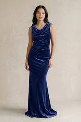 Cowl Neck Mermaid Velvet Bridesmaid Dress in Royal Blue - KISS BRIDAL Bridesmaid Dresses