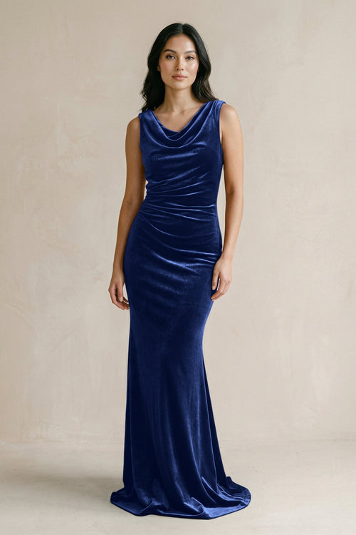 Cowl Neck Mermaid Velvet Bridesmaid Dress in Royal Blue - KISS BRIDAL Bridesmaid Dresses