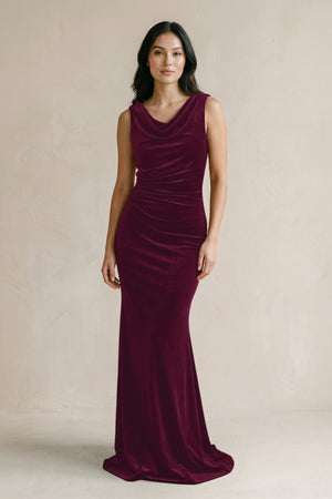 Cowl Neck Mermaid Velvet Bridesmaid Dress in Sangria - KISS BRIDAL Bridesmaid Dresses