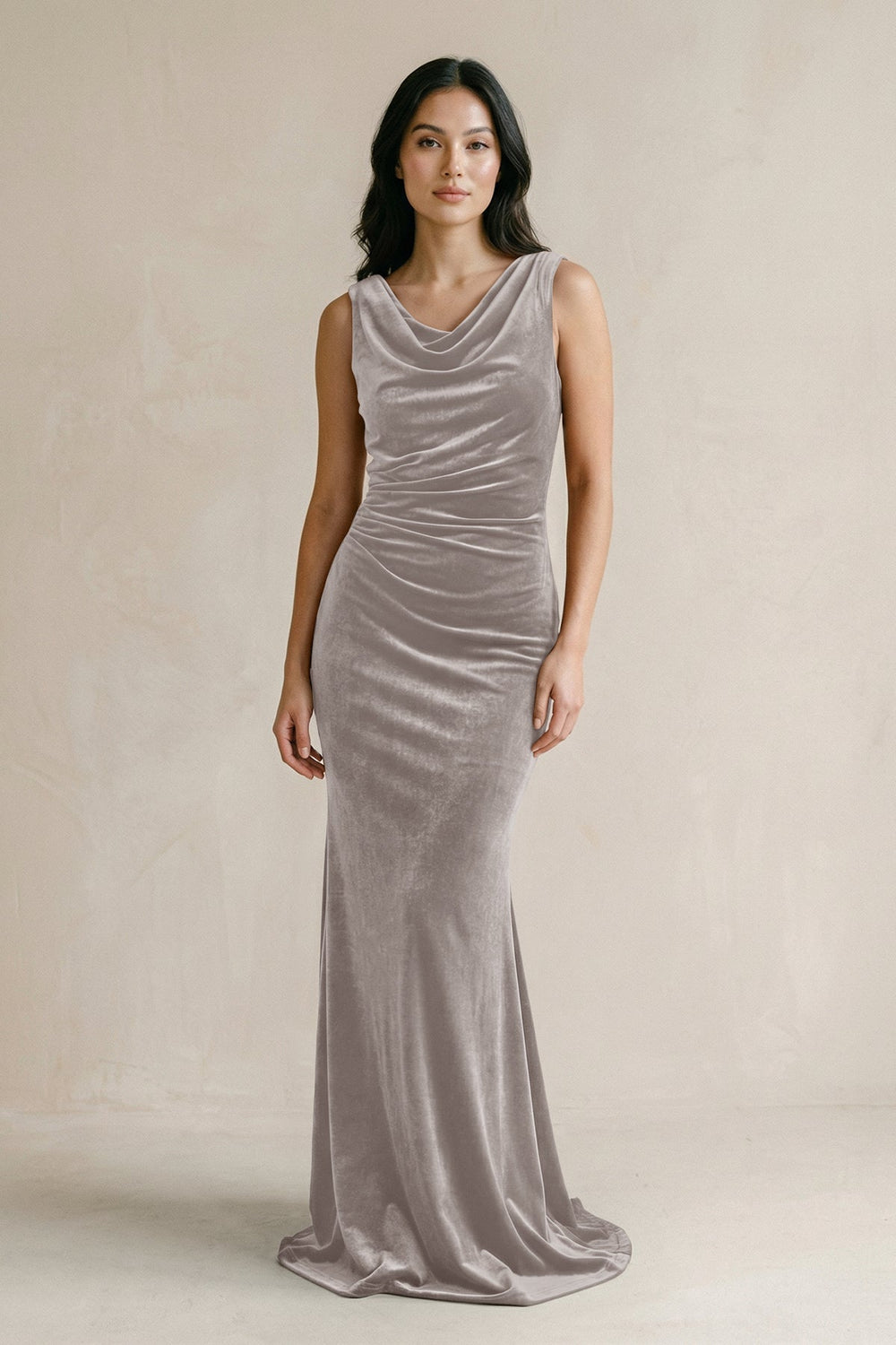 Cowl Neck Mermaid Velvet Bridesmaid Dress in Silver - KISS BRIDAL Bridesmaid Dresses