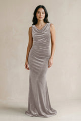 Cowl Neck Mermaid Velvet Bridesmaid Dress in Silver - KISS BRIDAL Bridesmaid Dresses
