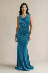 Cowl Neck Mermaid Velvet Bridesmaid Dress in Steel Blue - KISS BRIDAL Bridesmaid Dresses