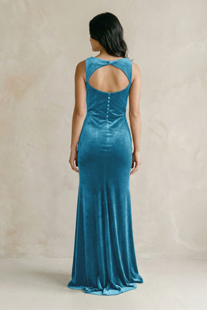 Cowl Neck Mermaid Velvet Bridesmaid Dress in Steel Blue - KISS BRIDAL Bridesmaid Dresses