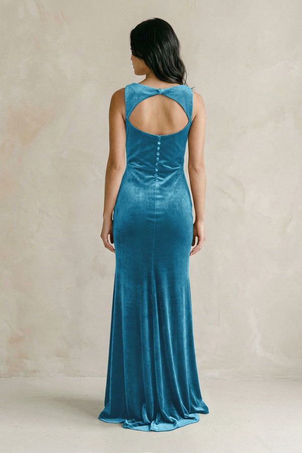 Cowl Neck Mermaid Velvet Bridesmaid Dress in Steel Blue - KISS BRIDAL Bridesmaid Dresses