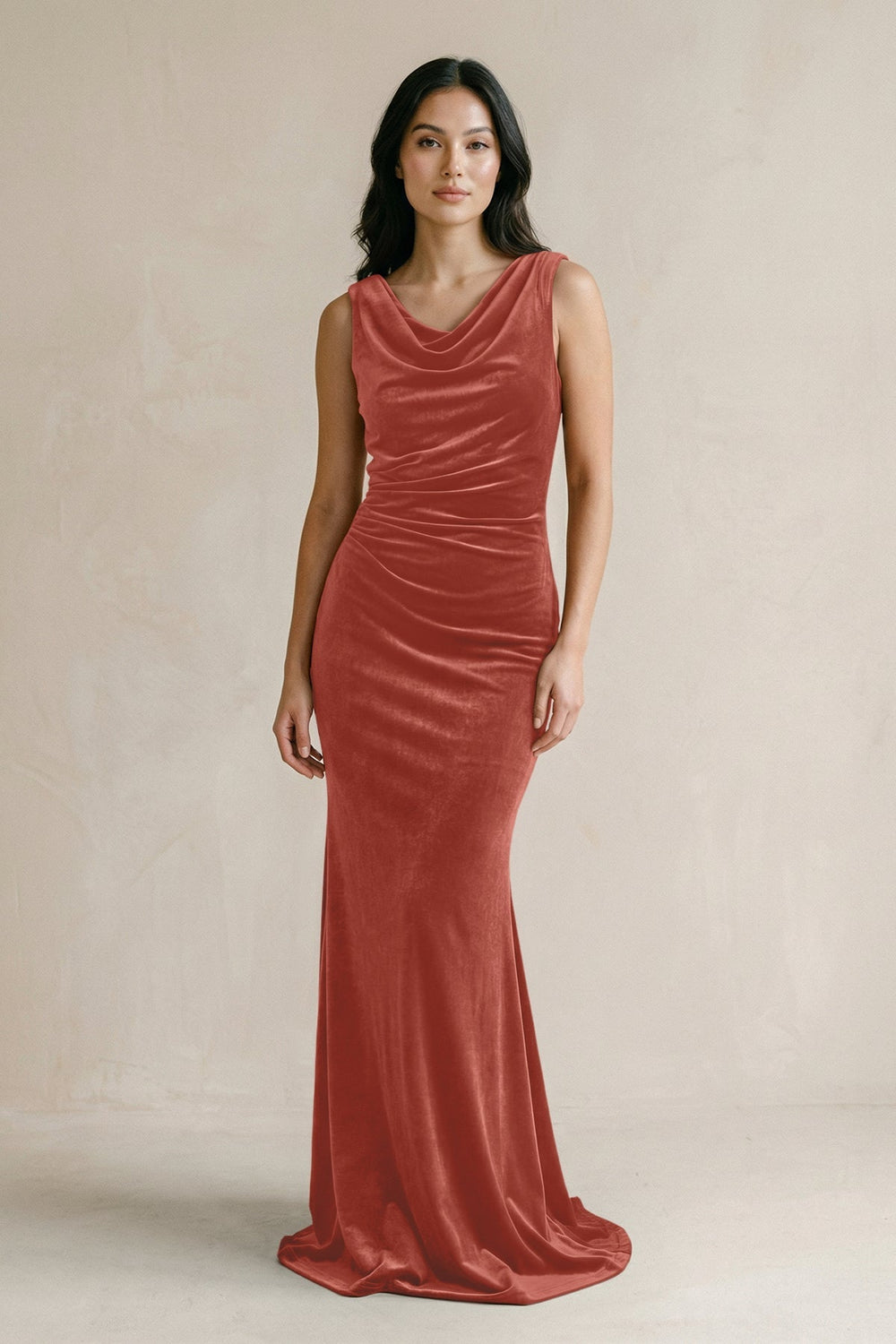 Cowl Neck Mermaid Velvet Bridesmaid Dress in Terracotta - KISS BRIDAL Bridesmaid Dresses