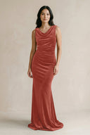 Cowl Neck Mermaid Velvet Bridesmaid Dress in Terracotta - KISS BRIDAL Bridesmaid Dresses