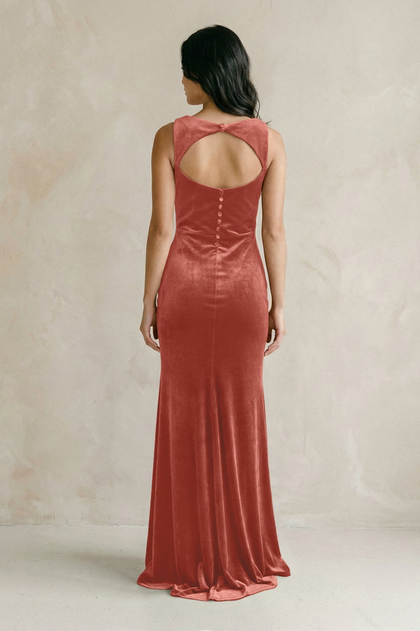 Cowl Neck Mermaid Velvet Bridesmaid Dress in Terracotta - KISS BRIDAL Bridesmaid Dresses