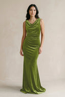 Cowl Neck Mermaid Velvet Bridesmaid Dress in Thyme - KISS BRIDAL Bridesmaid Dresses