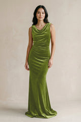 Cowl Neck Mermaid Velvet Bridesmaid Dress in Thyme - KISS BRIDAL Bridesmaid Dresses