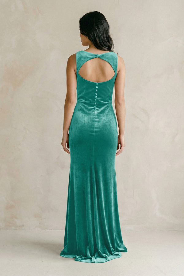Cowl Neck Mermaid Velvet Bridesmaid Dress in Turquoise - KISS BRIDAL Bridesmaid Dresses